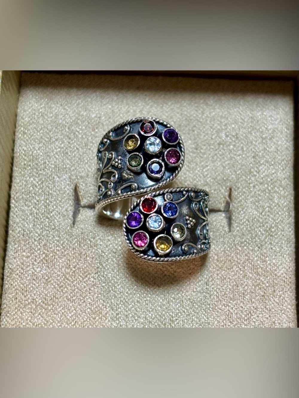 Artisan Crafted Sterling Silver Multi Gemstone Bypass Ring
